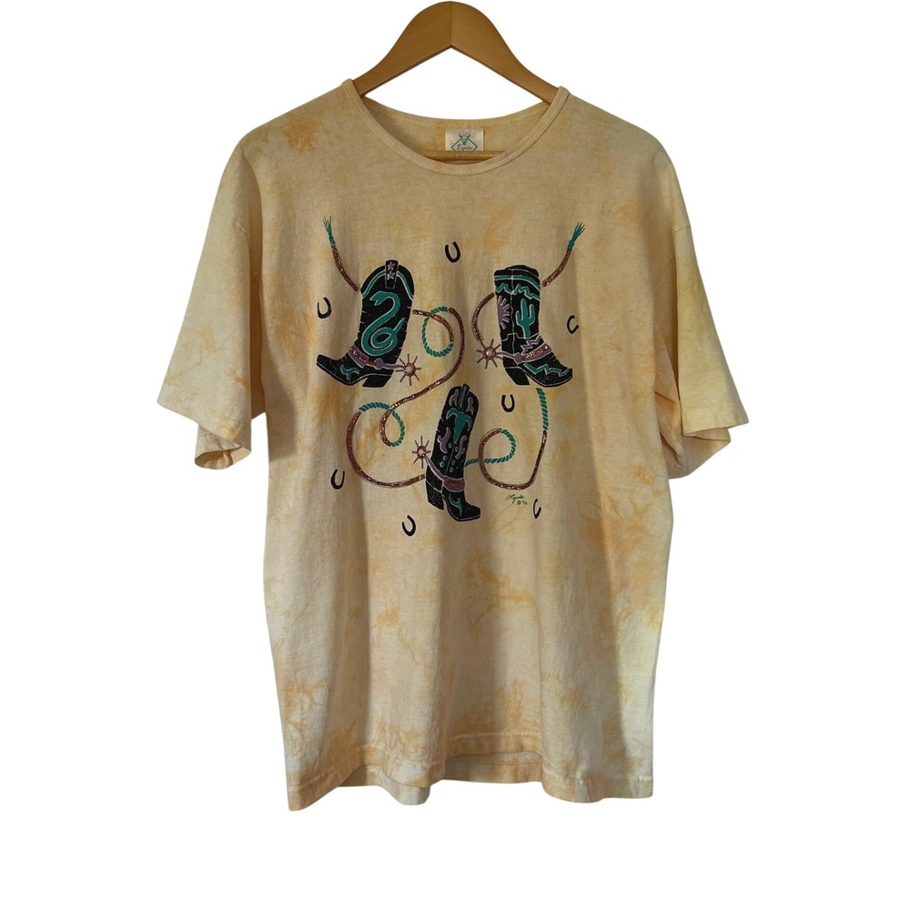 Vintage 90s Cowboy Boots Western T Shirt M Cotton Glitter Puff Paint Lynée USA